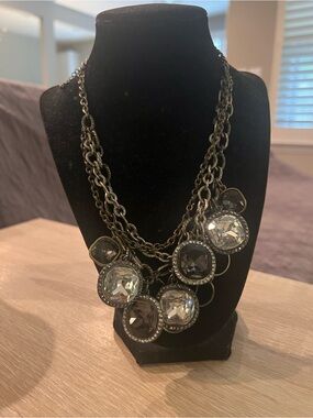 Chunky Antique Gold Chain Necklace with Clear Crystal Pendants